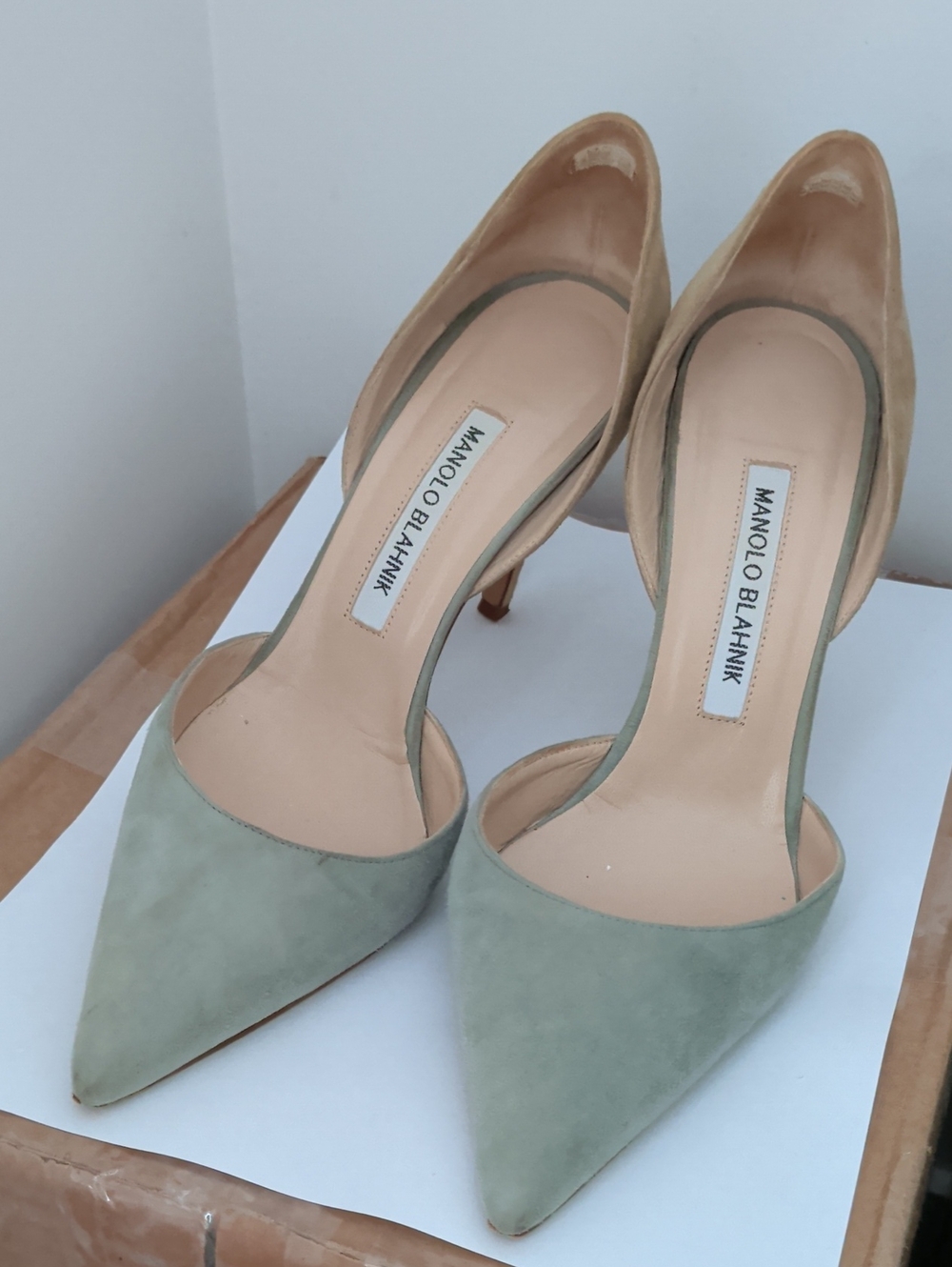 Manolo Blahnik Sage Green Suede Pointed-Toe D'Orsay Pumps